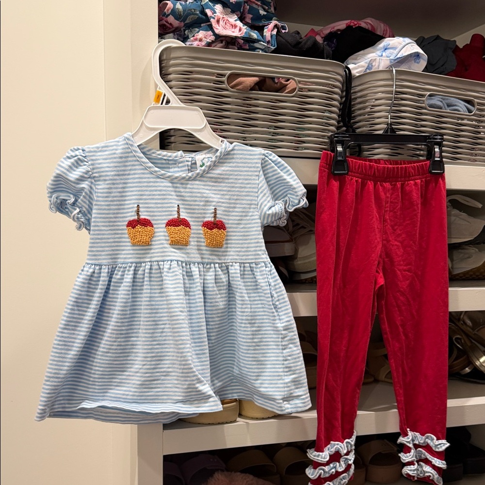 Light Blue Striped Cupcake Top & Red Legging Matching Set